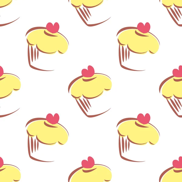 Modello vettoriale senza soluzione di continuità o texture con cupcake al limone, muffin, torta dolce e cuore rosso sulla parte superiore isolato su sfondo bianco — Vettoriale Stock