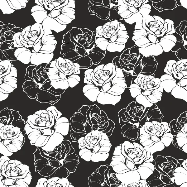 Seamless vector dark floral pattern with white retro roses on black background. Beautiful abstract vintage texture with pink flowers and cute background. — Stock Vector