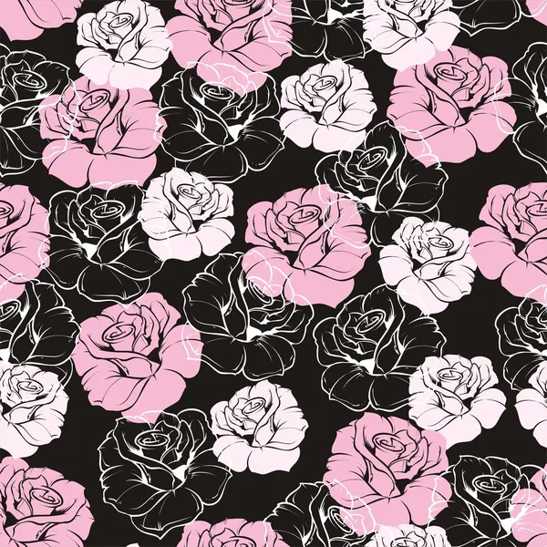 Seamless vector dark floral pattern with pink and white retro roses on black background. Beautiful abstract vintage texture with pink flowers and cute background.