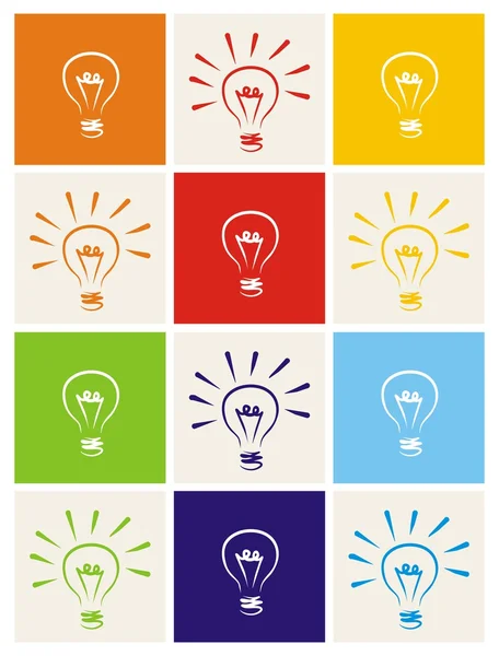 Light bulb vector icon set - hand drawn colorful sketch collection isolated on white with green, blue, dark denim, beige, red, orange and yellow background. — Stock Vector
