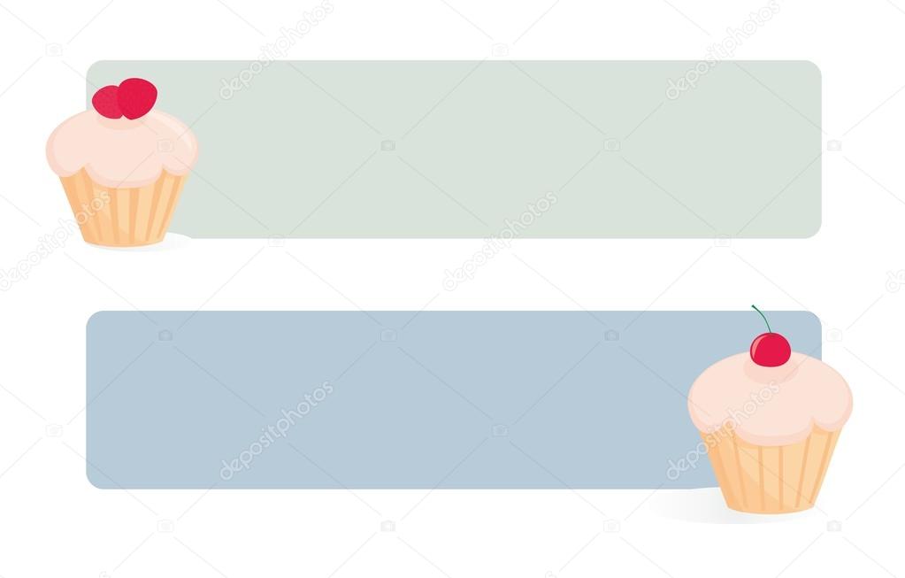 Banner vector set with sweet retro cupcakes on green and blue background with space for your own text message.