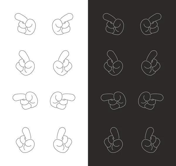 Dibujos animados manos vector negro y blanco icono conjunto apuntando algo — Vector de stock