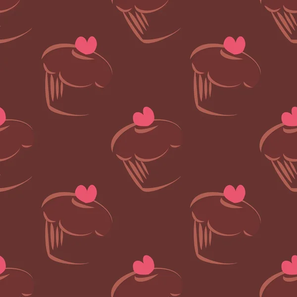 Patrón o textura vectorial oscura sin costuras con cupcakes de chocolate, magdalenas, pastel dulce y corazón rosa y fondo marrón . — Archivo Imágenes Vectoriales