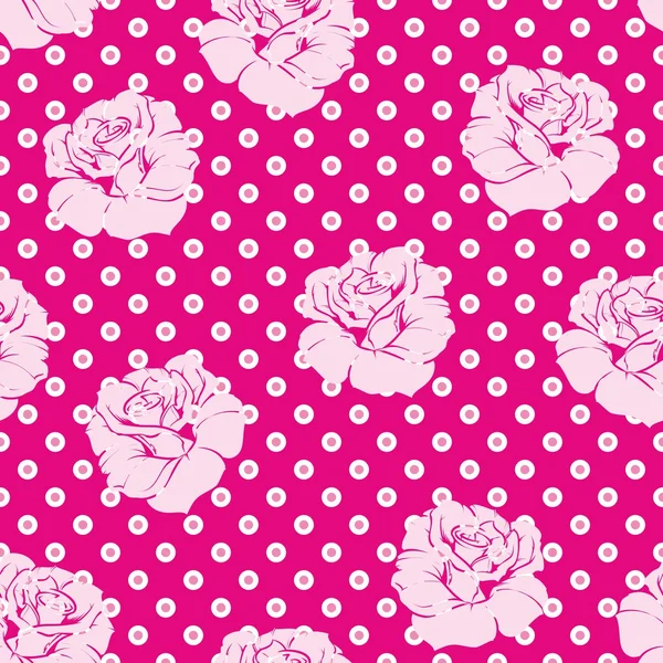 Naadloze vector bloemmotief met roze rozen en witte polka dots. Retro achtergrond voor desktop wallpaper, blog of zomer mode-website. — Stockvector