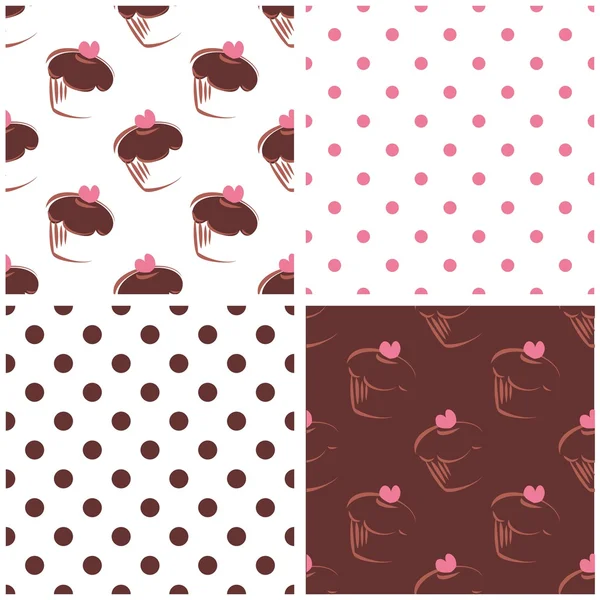 Seamless vector background set with polka dots and heart chocolate cupcakes. — Stock Vector