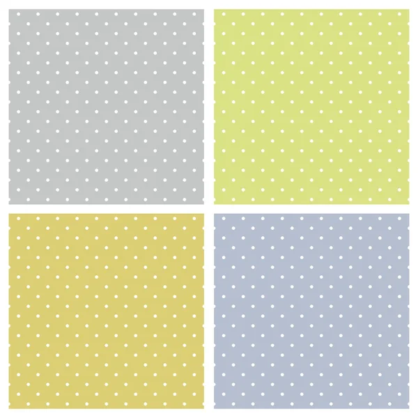 Naadloze voorjaar vector patroon ingesteld met kleurrijke witte polka-dots op blauw, grijs en groen achtergrond voor desktop wallpaper en website ontwerp — Stockvector