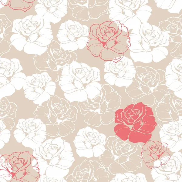 Bezszwowe wektor retro kwiatowy wzór z klasycznych białych i czerwonych róż na beżowym tle. piękne streszczenie sztuka tekstura z kwiatów i ładny tła dla web design lub pulpit tapeta. — Wektor stockowy