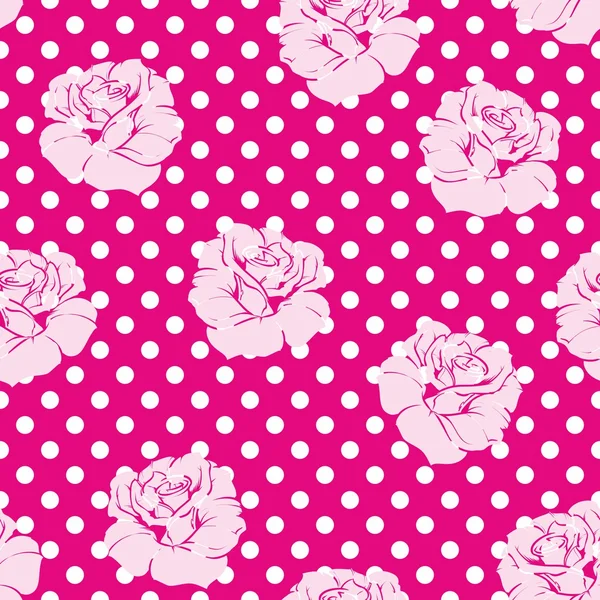 Seamless vector floral pattern with pink roses and white polka dots — Stock Vector