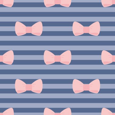 Seamless vector pattern with pastel pink bows on a navy blue strips background. clipart