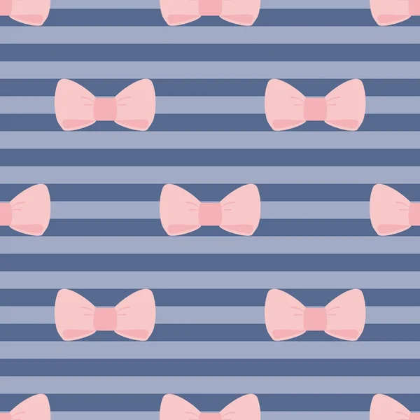 Seamless vector pattern with pastel pink bows on a navy blue strips background. — Stock Vector