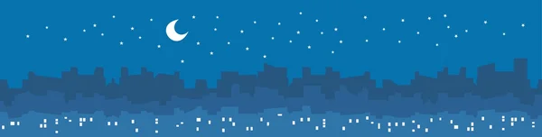 Illustrazione vettoriale città dopo notte con grattacieli ed edifici silhouette, luci in finestre, stelle e luna. — Vettoriale Stock