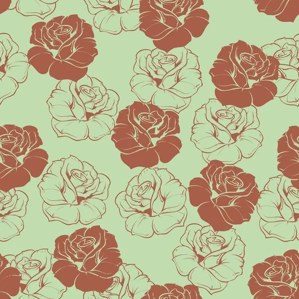 Seamless brown retro floral vector pattern with chocolate roses on mint green background. — Stock Vector