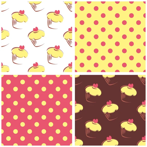 Бесшовный набор векторных фонов с горошек и кексами. Желтый, розовый и коричневый сладкий узор — стоковый вектор