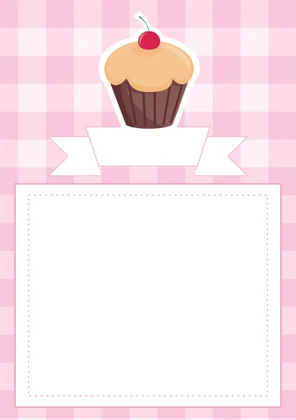 웨딩 카드 벡터 또는 아기 샤워 초대장 배경에 핑크 빈티지 체크 무늬 패턴이 나 그리드 텍스처 초콜렛 체리 컵 케 익 — 스톡 벡터