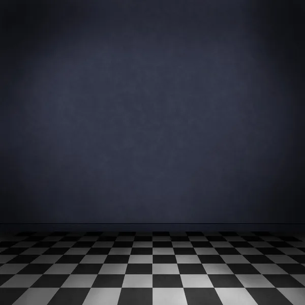 Quarto vazio, escuro, psicadélico com damas pretas e brancas no chão e parede azul escura. Triste textura de fundo gótico para design . — Fotografia de Stock