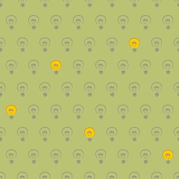 Seamless vector pattern with light bulbs turn on and off random on grass green background. For website design, blog, www, desktop wallpaper. Sign of creative and invention. — Stock Vector