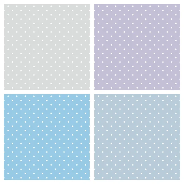 Blauer Hintergrundvektorsatz. Süße nahtlose Muster oder Texturen mit weißen Tupfen auf pastellfarbenem Hintergrund: Babyblau, Grau und Violett — Stockvektor