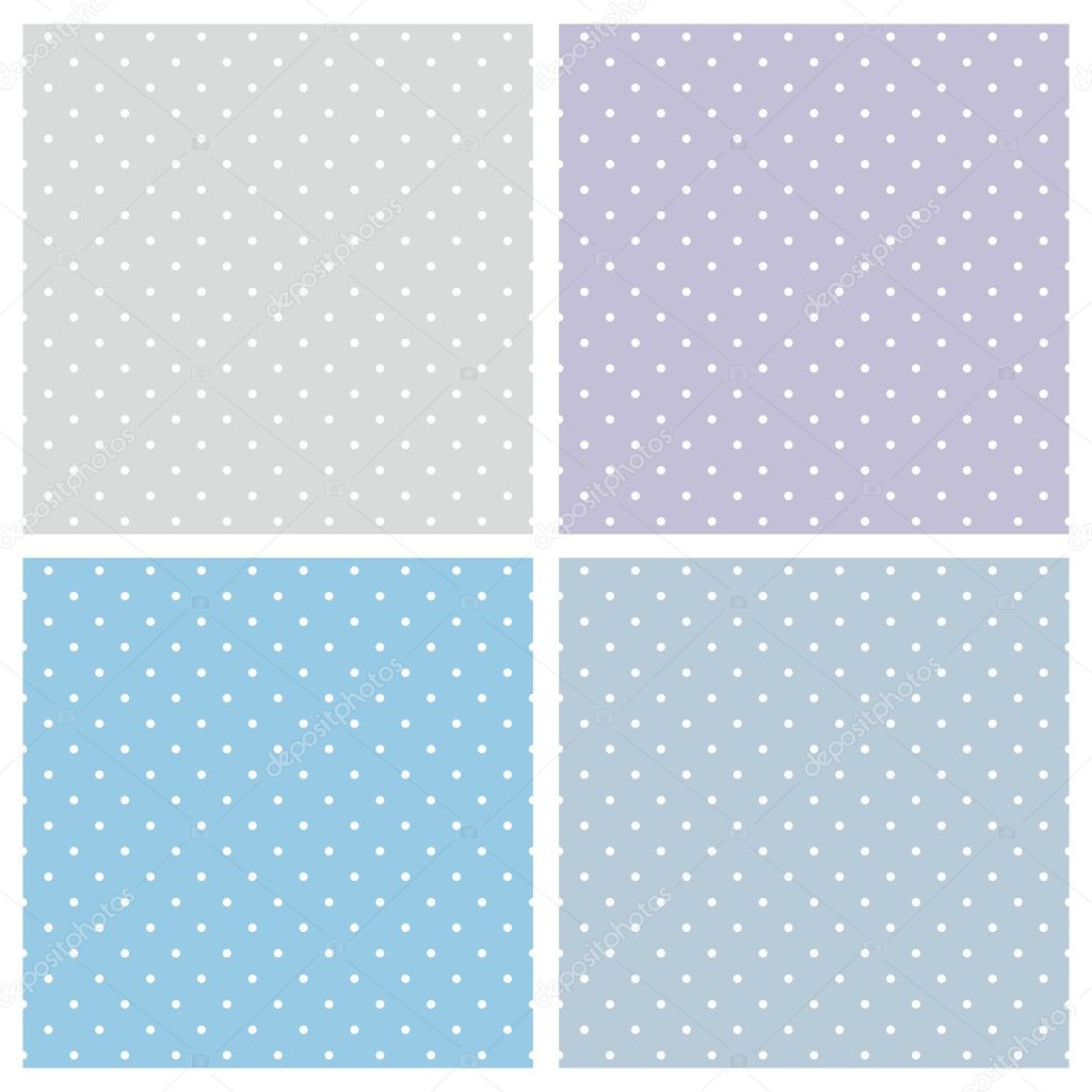 Blue background vector set. Sweet seamless patterns or textures with white polka dots on pastel, colorful background: baby blue, grey and violet