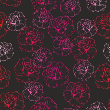 retro gül pembe, kırmızı veya beyaz siluet siyah arka plan ile sorunsuz karanlık çiçek vektör desen.