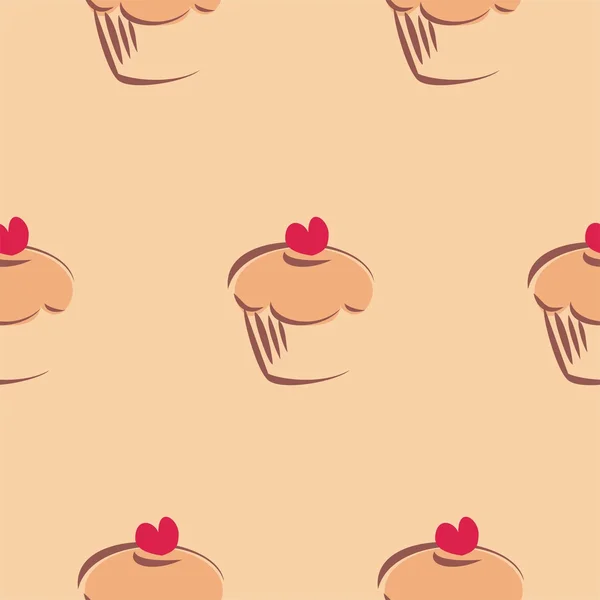 Dikişsiz vektör cupcake desen veya doku kek, tatlı kek ve üstte kırmızı kalp ile. arka plan ile kart, davetiye, Sevgililer, duvar kağıdı, masaüstü veya mutfak blog sitesi için tatlılar — Stok Vektör