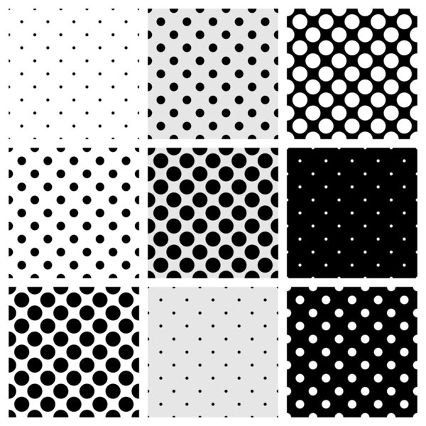 Seamless black, white and grey vector pattern or background set with big and small polka dots. For desktop wallpaper and website design.