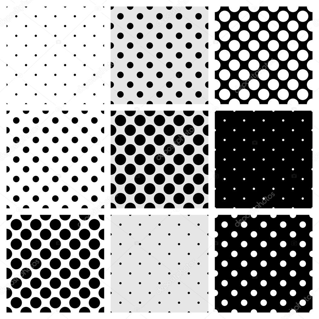 Seamless black, white and grey vector pattern or background set with big and small polka dots. For desktop wallpaper and website design.