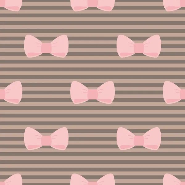 Бесшовный векторный рисунок с пастельно-розовыми бантами на фоне шоколадно-коричневых полос. Для обоев рабочего стола, милые детские фон или дизайн сайта — стоковый вектор