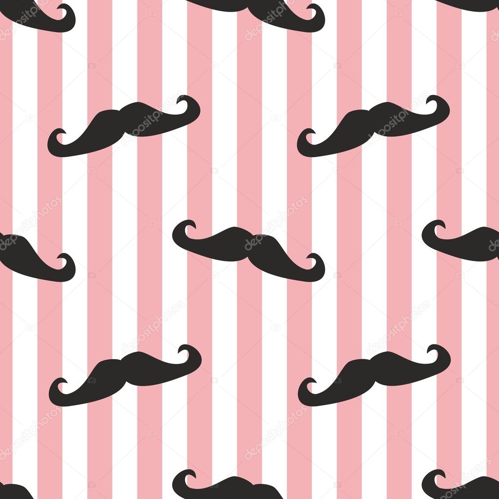 Seamless vector mustache background. Pattern or texture with black curly retro gentleman mustaches on stripes white and ping background.