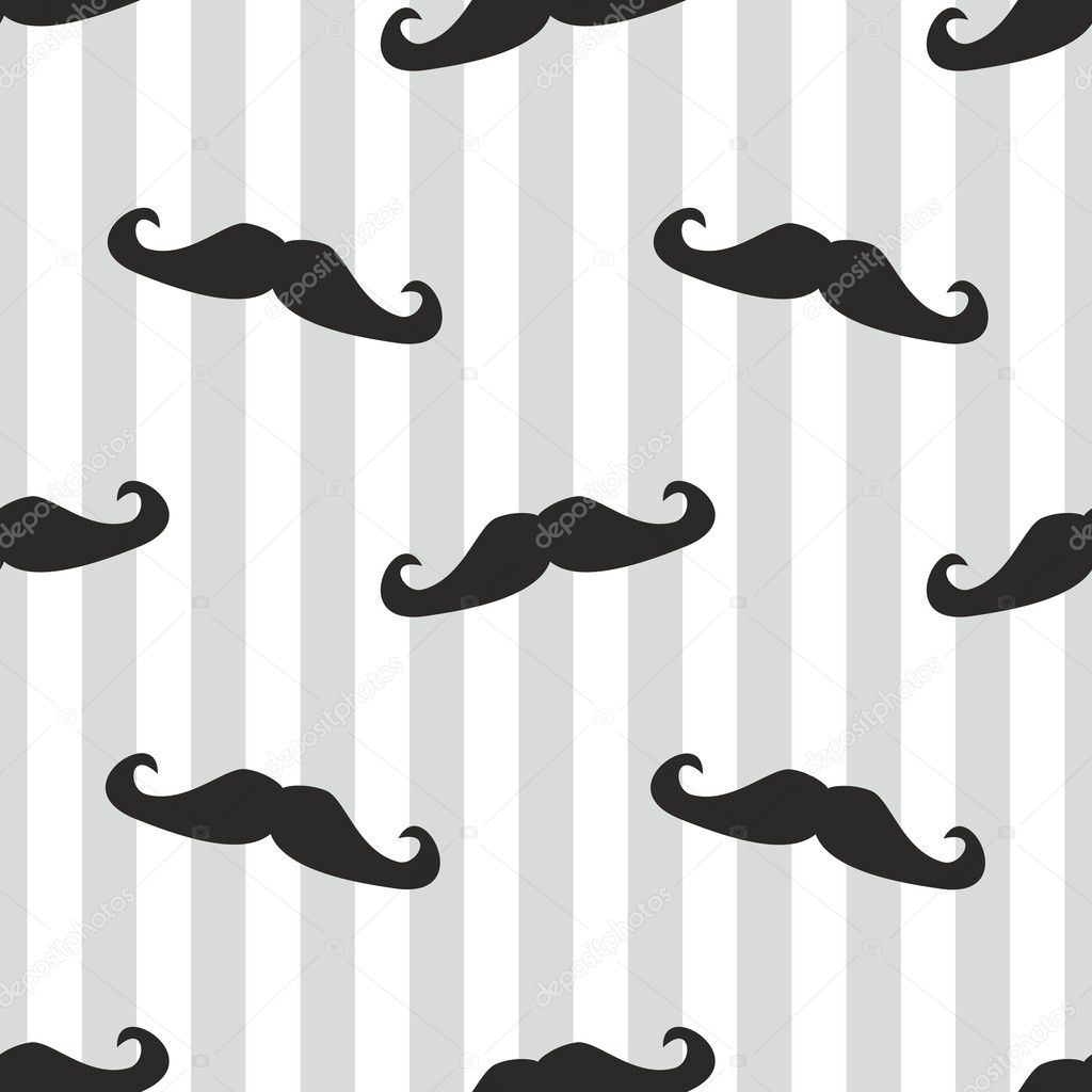 Seamless mustache vector background. Pattern or texture with black curly retro gentleman mustaches on stripes white and blue background. For hipster websites, desktop wallpaper, blog, web design.