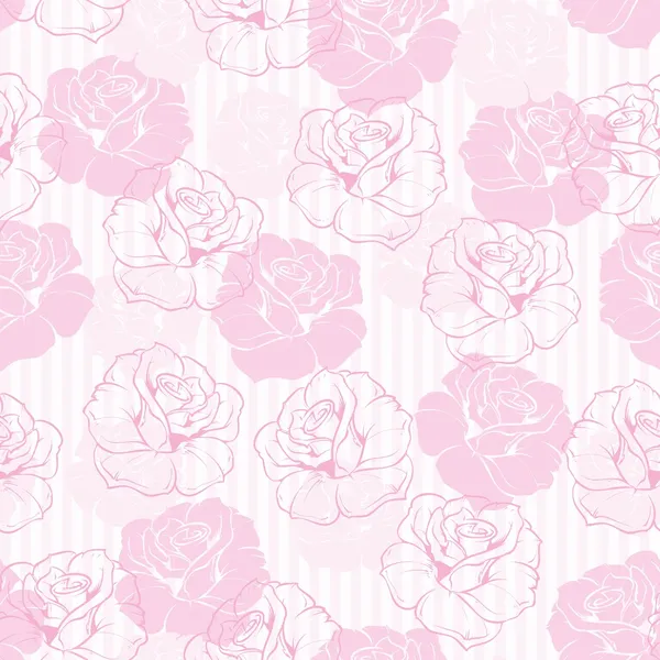 Seamless retro vector floral pattern with elegant pink roses on sweet candy pink and white stripes background. — Stock Vector