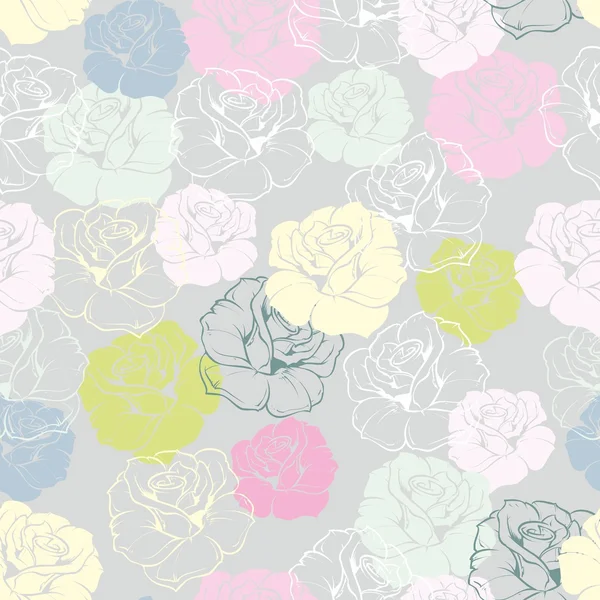 Seamless floral vector pattern with pastel pink, yellow, mint green, white and blue roses on grey background. Beautiful abstract texture with colorful flowers for desktop wallpaper or website design — Stock Vector