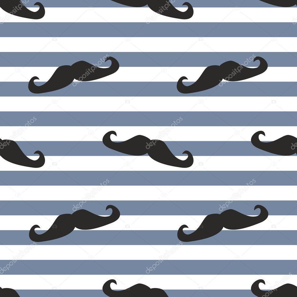 Seamless mustache vector background. Pattern or texture with black curly retro gentleman mustaches on stripes white and blue background. For hipster websites, desktop wallpaper, blog, website design.