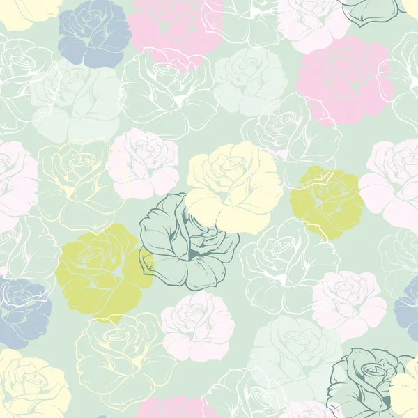 Patrón de vectores florales sin costuras con rosas de azulejos rosados, amarillos, verdes, blancos y azules sobre fondo azul pastel. Hermosa textura abstracta con flores de colores para el papel pintado de escritorio o diseño del sitio web — Vector de stock