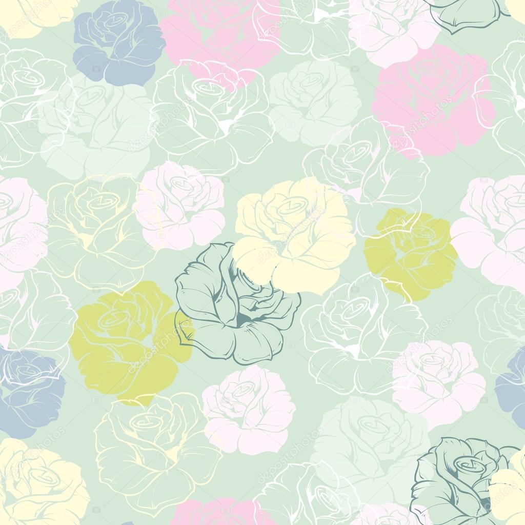 Seamless floral vector pattern with pink, yellow, green, white and blue tile roses on pastel blue background. Beautiful abstract texture with colorful flowers for desktop wallpaper or website design
