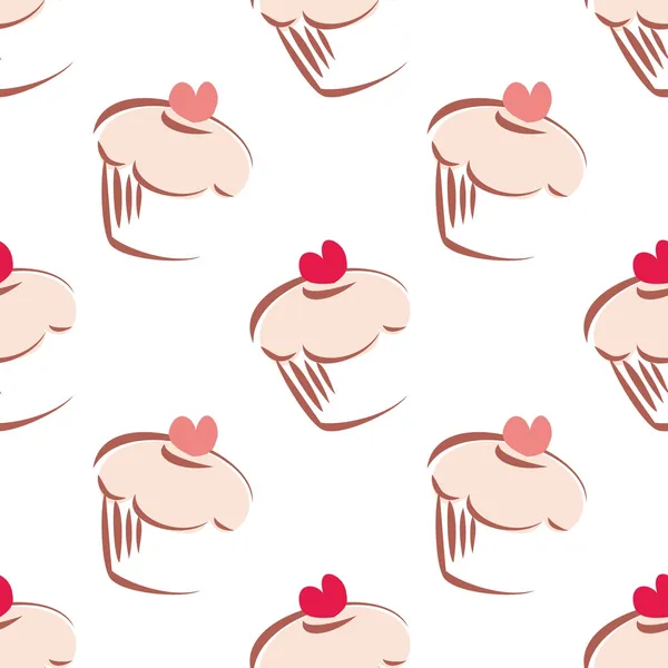 Patrón de vector blanco sin costuras o fondo con grandes siluetas cupcakes, pastel dulce magdalena y corazón rojo en la parte superior. Textura con dulces para papel pintado de escritorio o sitio web blog culinario — Archivo Imágenes Vectoriales