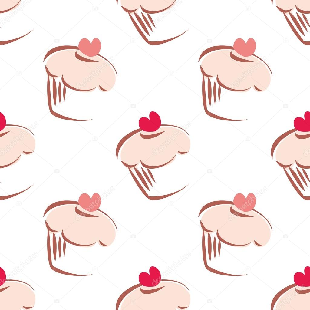 Seamless white vector pattern or background with big cupcakes silhouettes, muffin sweet cake and red heart on top. Texture with sweets for desktop wallpaper or culinary blog website