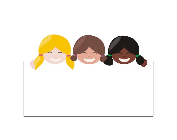Mulicultural 女の子白を保持している空のバナー。ホステス、ブロンド、茶色と黒の髪笑顔と大きな空のページを表示を追加します。白い背景で隔離のベクトル図. — ストックベクタ