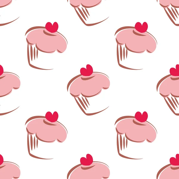 Seamless white vector pattern or tile background with big cupcakes silhouettes, muffin sweet cake and red heart on top. Texture with sweets for desktop wallpaper or culinary blog website — Stock Vector