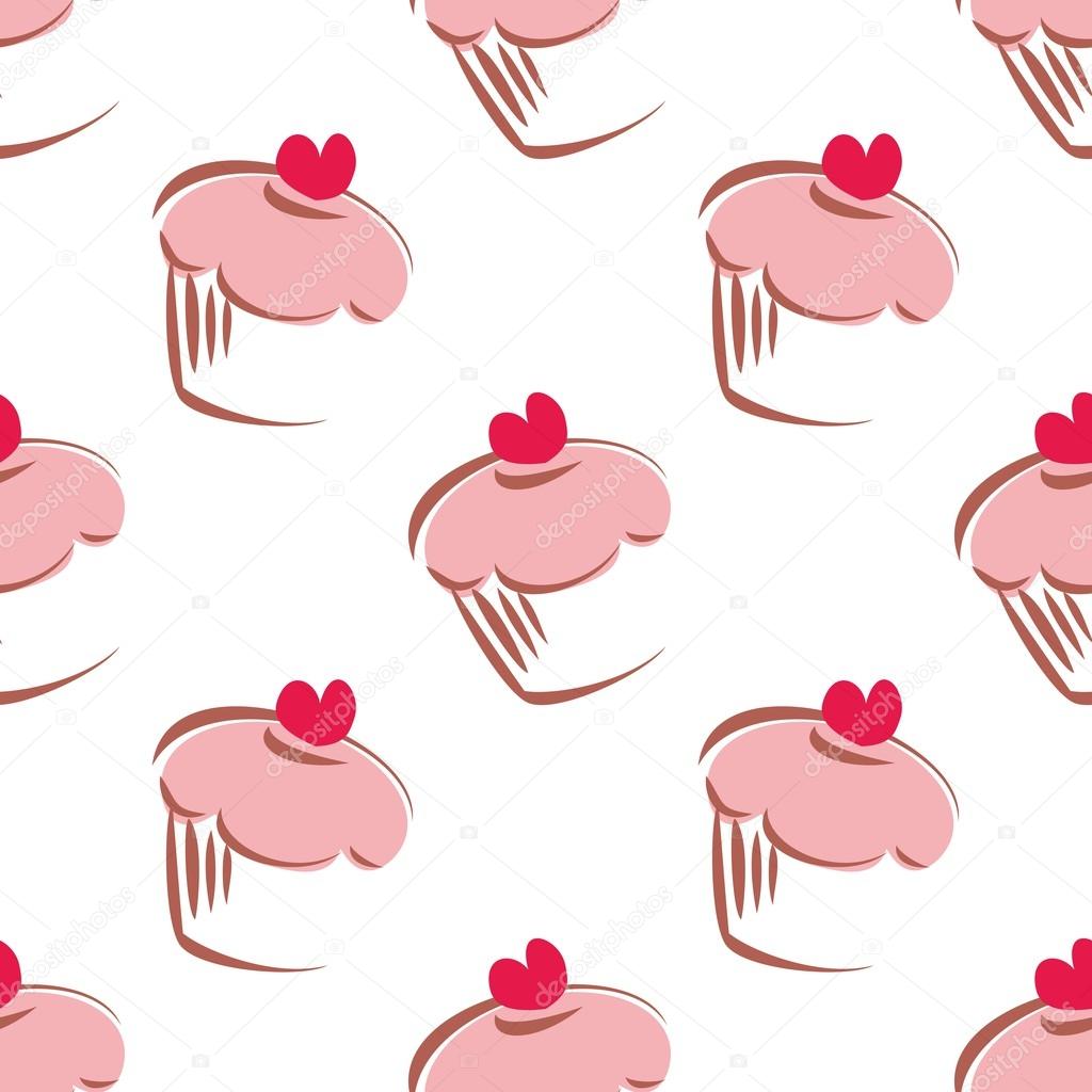 Seamless white vector pattern or tile background with big cupcakes silhouettes, muffin sweet cake and red heart on top. Texture with sweets for desktop wallpaper or culinary blog website