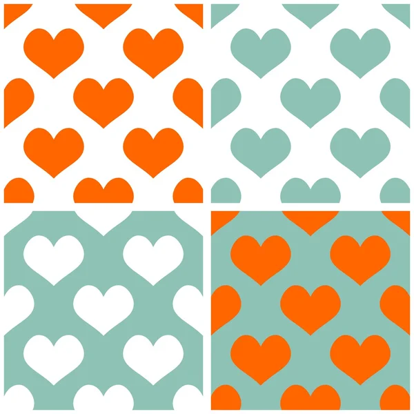 Seamless vector pastel hearts tile background set. Full of love pattern for valentines desktop wallpaper or website design in white, orange and pastel mint green color — Stock Vector