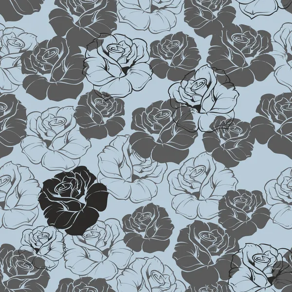 Seamless vector blue floral pattern with grey, navy blue and black retro roses on pastel blue background. Beautiful abstract vintage texture with pink flowers and cute background. — Stock Vector