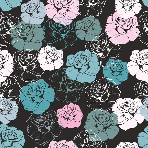 Seamless floral vector pattern with tile blue, green, white and pink retro roses on dark, black background. Beautiful abstract vintage texture with pink flowers and cute background. — Stock Vector