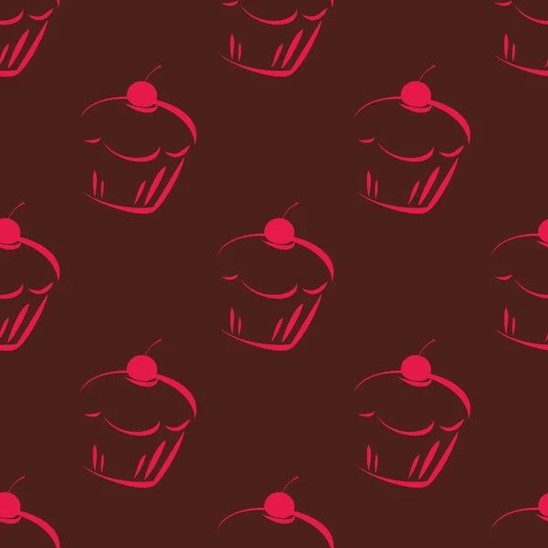 Motif vectoriel foncé sans couture ou texture carrelée avec cupcakes au chocolat, muffins, gâteau sucré et cerise rose et fond brun . — Image vectorielle