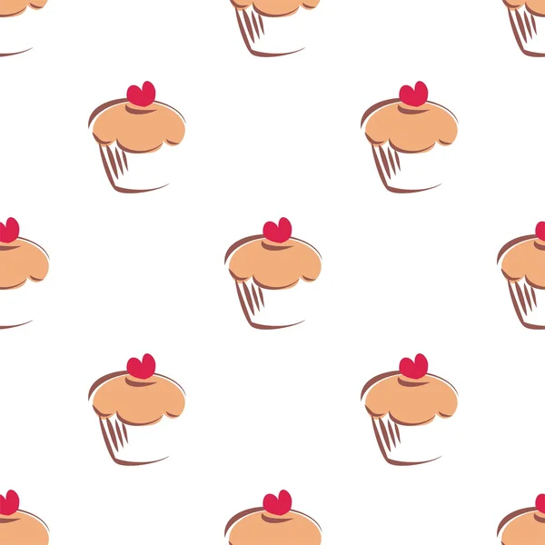 Patrón de vector sin costuras o textura de azulejo con cupcakes dulces, pastel de magdalenas con corazón rojo sobre fondo blanco — Vector de stock