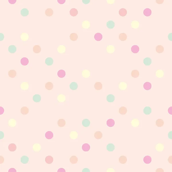 Kleurrijke vector achtergrond met rode, roze, groen, blauw en geel polka dots op baby roze achtergrond - retro naadloze patroon, behang of tegel textuur — Stockvector