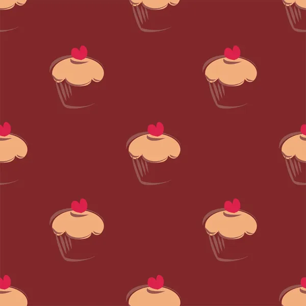 Motif vectoriel sans couture ou fond de tuile avec de gros cupcakes brun chocolat, muffins, gâteau sucré et coeur rouge sur le dessus . — Image vectorielle