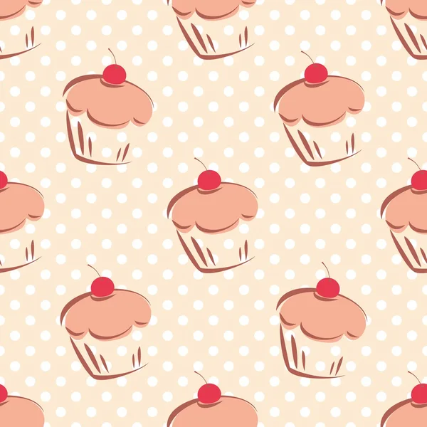 Seamless vector pattern or tile texture with cherry cupcakes and white polka dots on pink background. Hand drawn muffins wallpaper — Stock Vector