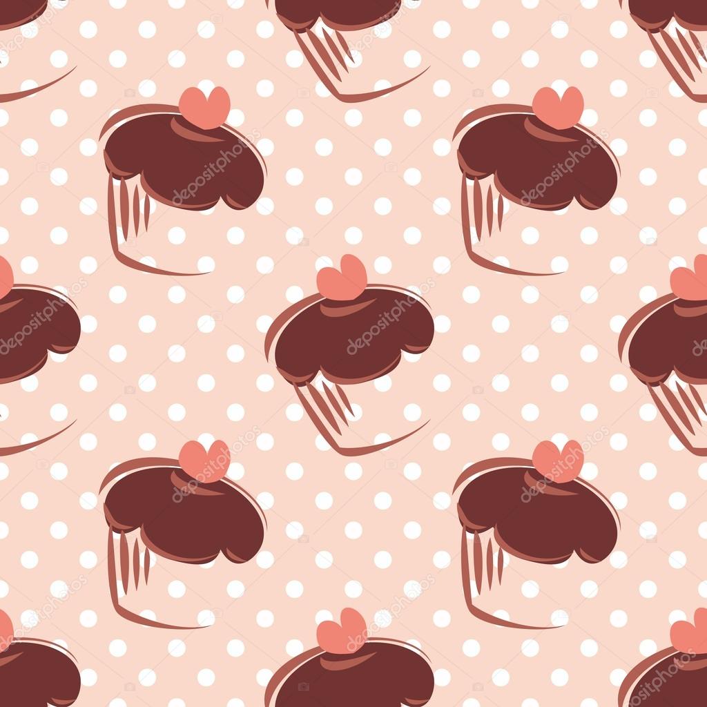 Seamless vector pattern or tile texture with chocolate cupcakes, muffins, sweet cake with pink heart on top and white polka dots on peach pink background