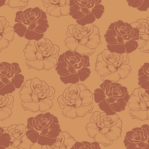 Seamless vector brown retro floral pattern with tile roses flowers on brown background. — Stock Vector