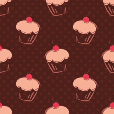 kiraz kek, çörek, tatlı pasta ve çikolata kahverengi zemin üzerinde lekeli ile sorunsuz vektör desen veya döşeme arka plan